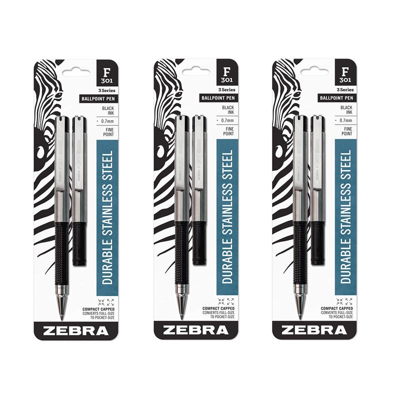 Zebra Pen F-301 Compact Ballpoint Stainless Steel Retractable Pen, Fine Point, 0.7mm, Black Ink, 2-Count (3 PACK)